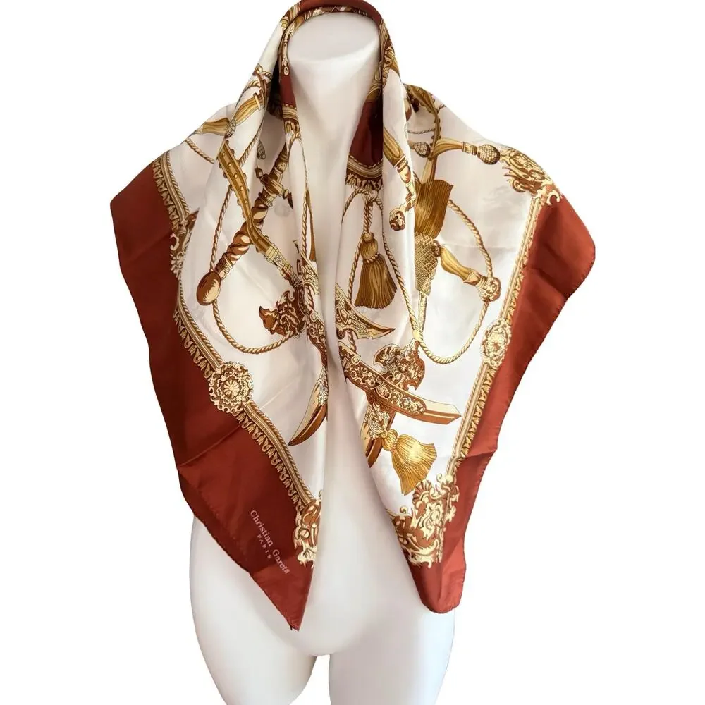 Vintage Christian Garets Paris Silk Scarf Ivory Brown Gold Swords Arms Baroque